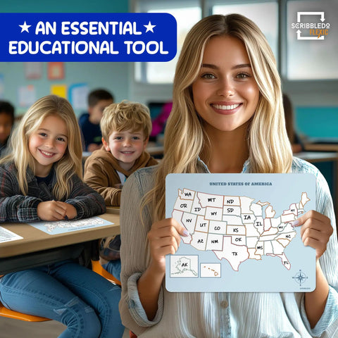 Teacher holding Flexible Dry Erase 11 By 14 Inch United States Map Sheets Pack Of 10 For Students And Teachers Reusable USA Practice Maps