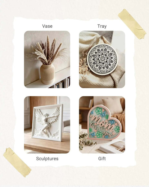 Collage of decor items including a vase with dried flowers, a decorative tray, a 3D printed sculpture, and a gift sign with "Mom".
