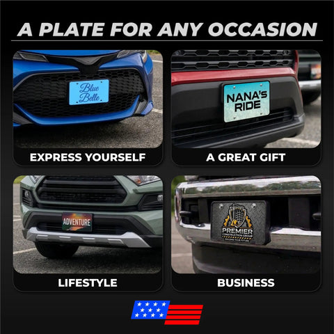 Straight Up Custom Front License Plate For Cars And Trucks Keep Your Ride Looking Fresh With Fully Personalized Designs Upload Photos Or Business Logos on a blue car.