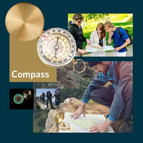 Compass from 13 In 1 Survival Gear Kit For Outdoorsmen Dad Gift Tactical set with people using maps outdoors