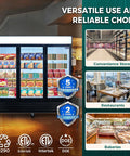 Straight Fire Commercial Display Freezer With Three Glass Doors And Seventy Cubic Feet Storage Serving Digital Temp Control On Point With Auto Defrost Led Lighting And Energy Efficient Supermarket Gear For The Retail Hustle, showcasing various frozen food items.