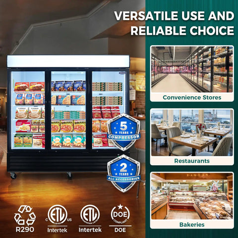Straight Fire Commercial Display Freezer With Three Glass Doors And Seventy Cubic Feet Storage Serving Digital Temp Control On Point With Auto Defrost Led Lighting And Energy Efficient Supermarket Gear For The Retail Hustle, showcasing various frozen food items.