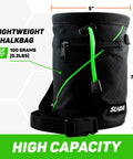 Black Chalk Bag For Rock Climbing And Multi Purpose Training Gear With Quick Clip Belt, dual zip pockets, and neon green accents.