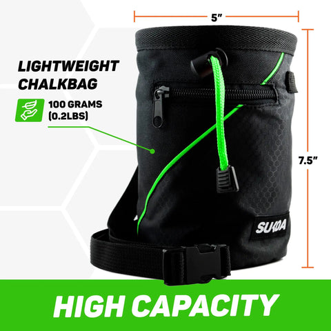 Black Chalk Bag For Rock Climbing And Multi Purpose Training Gear With Quick Clip Belt, dual zip pockets, and neon green accents.