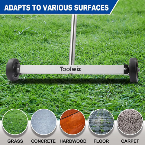 Front view of Must Have 17 Inch Rolling Magnetic Sweeper with LED Light, adaptable to grass, concrete, hardwood, and carpet.