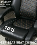 Close-up of black leather seat of Big And Tall Leather Reclining Office Chair With Retractable Footrest And Adjustable Lumbar Support