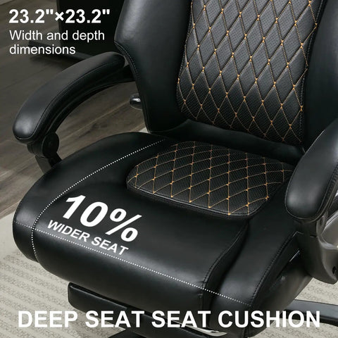 Close-up of black leather seat of Big And Tall Leather Reclining Office Chair With Retractable Footrest And Adjustable Lumbar Support