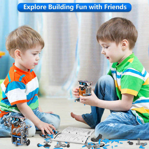 13-In-1 Solar Robot Kit For Kids Aged 8 To 12, STEM Building Toys For Boys And Girls, Land And Water Bots, Hands-On Robotics Projects, Fun Awesome Educational Science Kit For Christmas And Birthday Gifts, two boys building robot