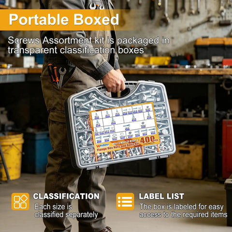 Portable boxed Metric Flange Bolt And Nut Kit 400 Piece Assortment With M6x1.0 M8x1.25 M10x1.5 Bolts Grade 8.8 Alloy Nuts And Washers