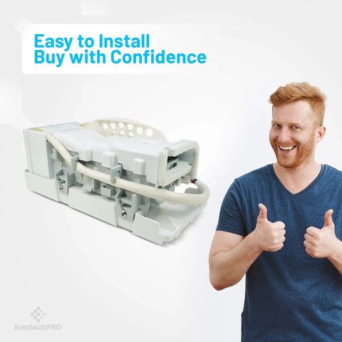 Ice Maker Replacement DA97-05422A Compatible With Samsung Refrigerators next to smiling person thumbs up.