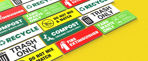 High Visibility Fire Extinguisher Sticker Set for Office and Commercial Spaces No Brainer Safety Sign laid out on yellow surface