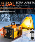 No Fuss 8Kw Diesel Air Heater With Simple LCD Screen And Dang Fast Warmup For Your Ride Or Campout Featuring Sweet Top Shelf Build 12 24 110 220 Volt Portable All In One Heating Rig For Rv Van Camper in a snowy camping scene.