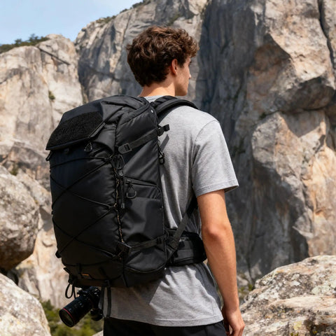 Person wearing 35L Camera Backpack For Photographers And Videographers, Built Tough Rugged Outdoor Gear Bag For DSLR in mountain setting