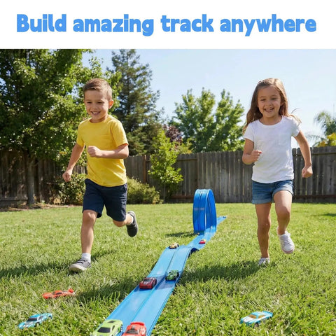 Kids playing with Portable Diy Roll Up Race Track For Kids Compatible With 1 To 64 Scale Diecast Cars Includes Eight Racing Cars And Super Grip Gravity Ramp Totally Cool Birthday Gift For Boys And Girls Ages 3 To 8 on grass