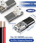 Close-up of 30 Pack Double Wire Plug In LED Light Strip Connectors 2 Pin Quick Connect Push In Low Voltage Lock Grip with size dimensions.