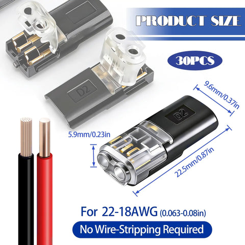 Close-up of 30 Pack Double Wire Plug In LED Light Strip Connectors 2 Pin Quick Connect Push In Low Voltage Lock Grip with size dimensions.