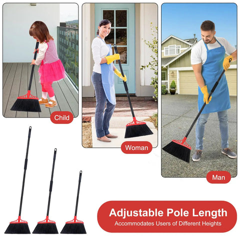 Beefy Heavy Duty Angle Broom With 55 Inch Adjustable Iron Handle And Stiff Bristles For Indoor Outdoor Cleaning In Garage Patio Kitchen Sidewalk And Concrete Point Lock Thread Keeps Handle Tight. Three people of different heights using the broom.