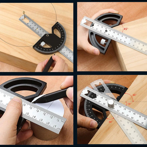 Heavy Duty 8 Inch Protractor Angle Finder Carpenter Square Adjustable Aluminum Gauge With 0 To 180 Degree Swing Arm in use for measurements.