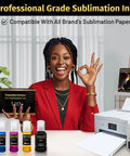 Sublimation Ink 337ML Autofill Bottles For Epson EcoTank Printers with woman, ink bottles, and printer display