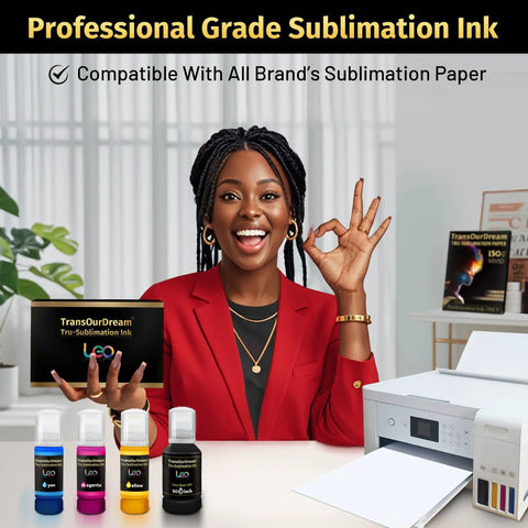 Sublimation Ink 337ML Autofill Bottles For Epson EcoTank Printers with woman, ink bottles, and printer display
