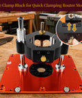 Killer Precision Router Lift System With 3.5 Inch Carriage For DeWalt Bosch Porter Cable Craftsman Tables close-up of clamp block for router motor.