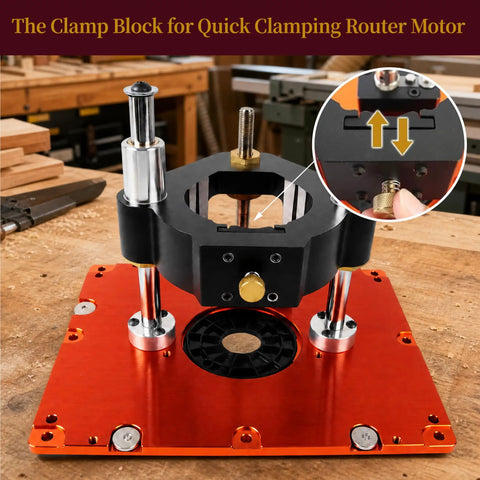 Killer Precision Router Lift System With 3.5 Inch Carriage For DeWalt Bosch Porter Cable Craftsman Tables close-up of clamp block for router motor.