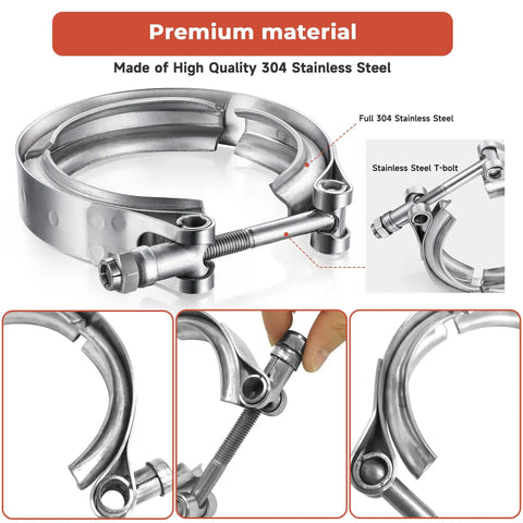 1.5 Inch 304 Stainless Steel V Band Exhaust Clamp For Turbo Downpipes Flange Kit showing close-up and T-bolt details