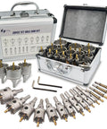 Heavy Duty Carbide Hole Saw Kit For Metal, 14 Piece Set With Titanium Plated Pilot Centers And L Wrenches in a silver case