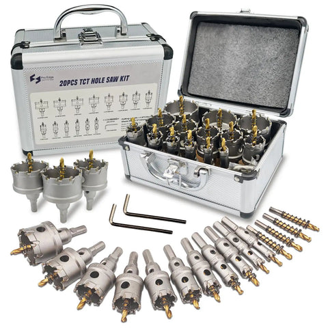 Heavy Duty Carbide Hole Saw Kit For Metal, 14 Piece Set With Titanium Plated Pilot Centers And L Wrenches in a silver case