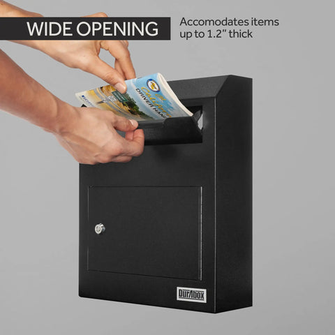 Person using Beefy Heavy Duty Steel Wall Mount Drop Box Deposit Safe 12 By 4 By 15 Inches for mail, checks, keys, and cash