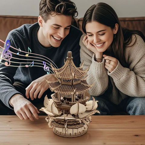 Awesome Wooden 3D Puzzle Lotus Pavilion Music Box Building Kit For Adults With 619 Precisely Cut Parts And Included Tools Wax Sandpaper DIY Wood Craft Gift For Men And Women Creative Assembly Hobby Toy For Mindful Play, couple viewing assembled wooden music box