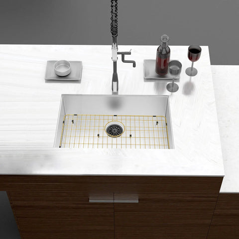 Heavy Duty 26 Inch By 14 Inch Stainless Steel Kitchen Sink Grid Protector With Rear Drain For Single Bowl Golden Finish Keeps Sink Safe