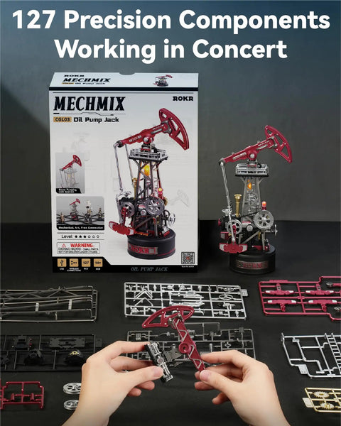 Industrial City Series 3D Puzzle Oil Pump Jack Dope Motorized Model With LED Lighting Three And A Half Hour Build Time Modular Assembly Kit For Adults And Teens Realistic Crank Driven Motion And Snappy Display, 127-piece build