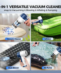 Cordless 4 In 1 Portable Car Vacuum Cleaner With 16000Pa Beast Power Brushless Motor, Air Duster, Blower And Pump, Rechargeable Handheld Vacuum With Multi Nozzles For Car, Home And Office in action showcasing vacuuming, inflating, dust blowing, and air pumping.