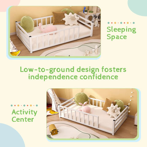 Toddler Floor Bed With Rails And Door, Montessori Low Profile Metal Platform Bed For 2 To 5 Years Old, No Box Spring Needed