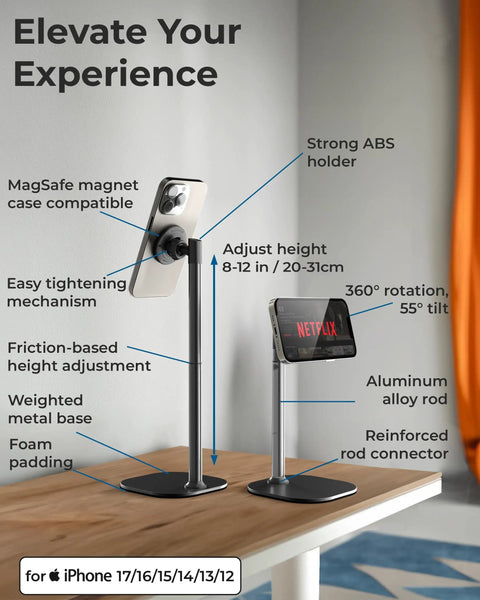 MagSafe Desk Phone Stand With Adjustable Magnetic Holder For iPhone 17 Pro Max And 16 Through 12 Models on wooden desk