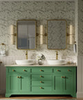 Brass Construction Black And Gold Vessel Sink Faucet With Tall High Arc Body on a dual sink green vanity in modern bathroom