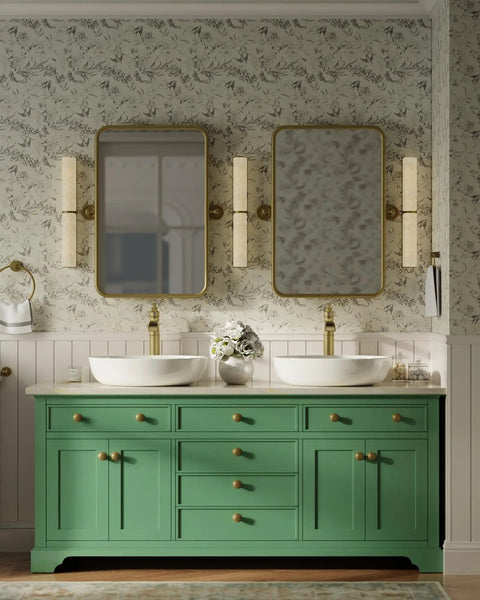 Brass Construction Black And Gold Vessel Sink Faucet With Tall High Arc Body on a dual sink green vanity in modern bathroom