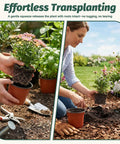 Person transplanting flowers from 4 Inch Nursery Pots 100 Pack Plastic Seedling Pots With Drainage Holes into garden soil