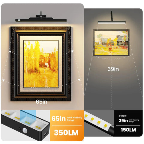 Dope Motion Sensor Picture Light For Wall Art, 16 Inch Wireless Dimmable Gallery Light highlighting a framed painting at 65in, 350lm