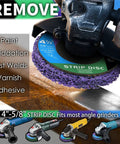 WelderElite 4-1/2 inch strip disc installed on grinder; purple abrasive removes rust, paint, and oxide from metal.