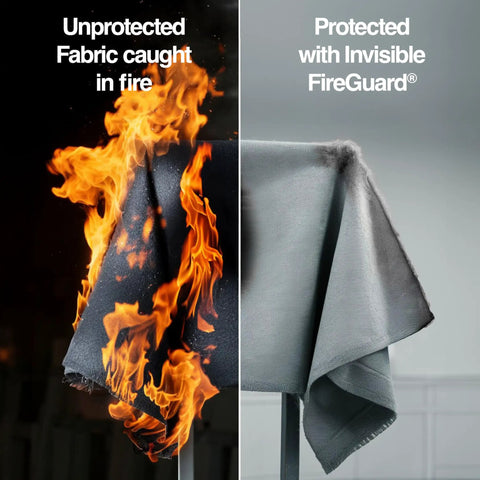 Comparison of fabric on fire vs. fabric protected with FireGuard Flame Retardant Spray For Fabrics, 22 Oz.