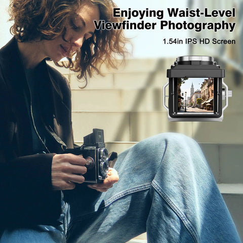 Person using Retro TLR Style Pocket Camera for Beginners and Teens 1080P HD Video 12MP Autofocus, showing waist-level viewfinder