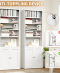 Slick 7 Tier Metal Bookcase 71 Inch White with Doors, showcasing adjustable shelves and anti-toppling device for safety.