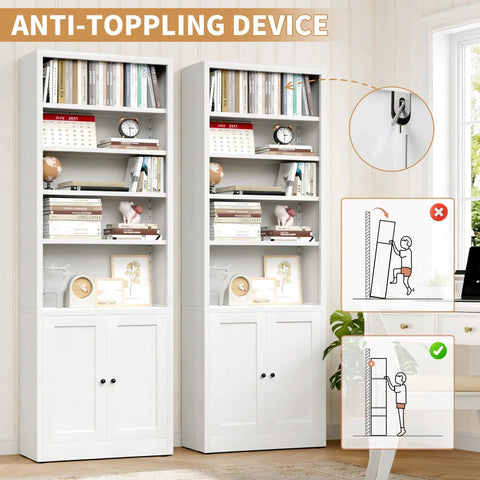 Slick 7 Tier Metal Bookcase 71 Inch White with Doors, showcasing adjustable shelves and anti-toppling device for safety.
