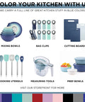 Various kitchen items in blue tones including bowls, bag clips, cutting boards, utensils, and measuring cups.