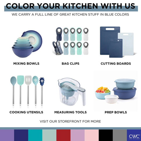 Various kitchen items in blue tones including bowls, bag clips, cutting boards, utensils, and measuring cups.