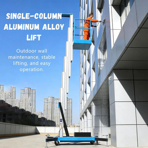 Heavy Duty Electric Scaffolding Platform With Rock Solid Manganese Steel Frame And Smooth Hydraulic Man Lift Extending From 13 To 46 Feet For Warehouse Crews Featuring Detachable Guardrails And Easy Roll Aluminum Base