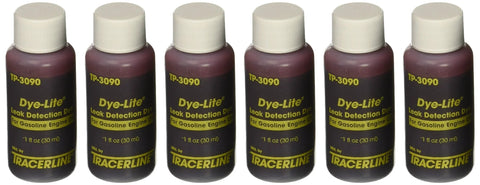 Six Dye-Lite Leak Detection Dye bottles for gasoline engine oil, TP-3090, white caps, Tracerline