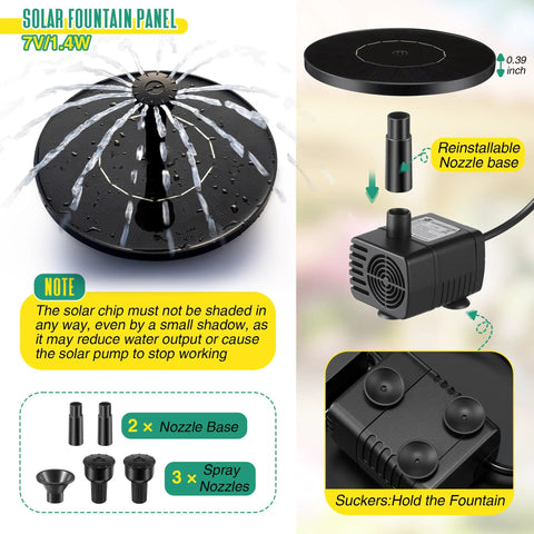 Extra Large Solar Powered Bird Bath With Fountain Kit For Your Backyard 1.67 Gallon Capacity 5 Prong Stake Design Hummingbird Drinking Bowl Solar Pump Set Four Water Patterns To Attract Birds showing solar fountain panel and nozzles.